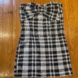 Black and White Plaid Strapless Dress